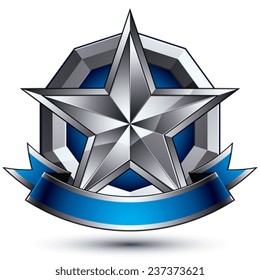 Geometric vector glamorous silver element isolated on white backdrop, 3d polished pentagonal star shaped blazon with blue wavy ribbon. Branded glossy symbol.