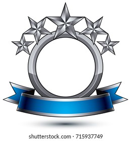 Geometric vector glamorous silver element isolated on white backdrop, 3d polished five stars shaped blazon with blue wavy ribbon. Five stars branded glossy symbol.