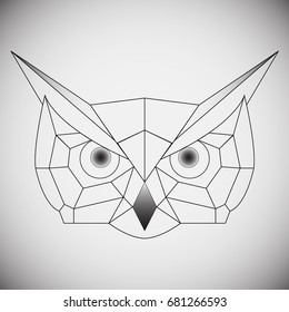 Geometric vector head owl drawn in line or triangle style, suitable for modern tattoo polygonal templates, icons or logo elements. Vector illustration