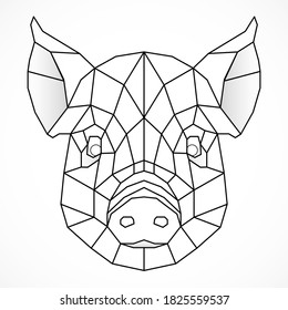 Cerdo vectorial geométrico con estilo de línea o triángulo, adecuado para plantillas poligonales de tatuajes modernos, iconos o elementos de logotipo. Cabeza de cerdo blanco y negro. Ilustración del vector