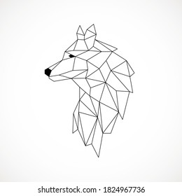 Geometric vector head wolf drawn in line or triangle style, suitable for modern tattoo polygonal templates, icons or logo elements. Black and white wolf head. Vector illustration