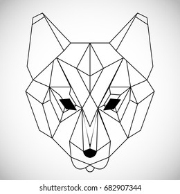 Geometric vector head wolf drawn in line or triangle style, suitable for modern tattoo polygonal templates, icons or logo elements. Black and white wolf head. Vector illustration