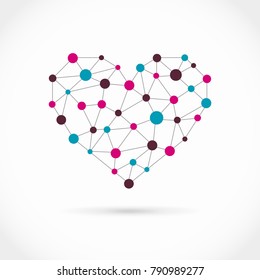 Geometric Vector Heart Logo Icon In Connected Dots By Lines, Polygon Style. With Shadow.