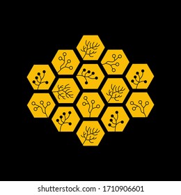 Geometrische Vektorillustration mit Hexagonen und Zweigen Silhouette. Wabendesign.