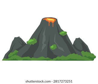 Geometric vector illustration of an active volcano mountain with hot orange lava flowing from the crater. Low poly polygon design element with rocky texture and green bushes, isolated on a white background. Perfect for game assets, nature landscape designs, educational materials, and disaster concept themes.