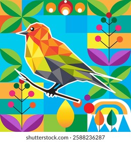 Geometric vector illustration of a bird perched on a branch.