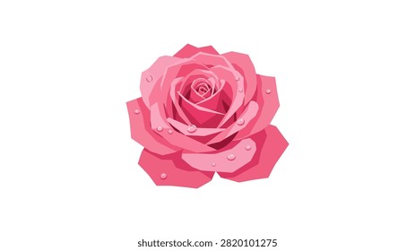 A geometric vector illustration of a blooming pink rose isolated on a white background. The rose features intricate layers of petals in varying shades of pink, adorned with delicate, translucent water droplets that add a fresh and realistic touch to the stylized design.