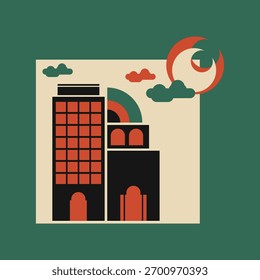 Geometric vector illustration of a building in the city at night.