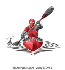 Geometric vector illustration of a canoeist in a red boat paddling through water with grey ripples. Modern low-poly athlete wearing a red life vest and helmet on a white background.
