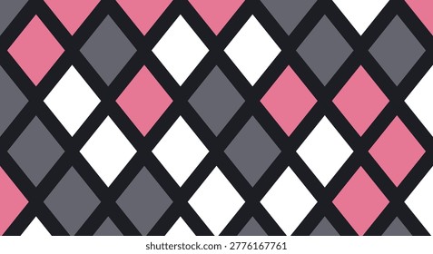 Geometric vector illustration displaying a repeating pattern of diamond shapes in pink white and charcoal gray colors arranged in a precise grid format with bold dark outlines to create a modern visual rhythm that works perfectly for textile prints wallpaper textures or creative branding elements that require a clean symmetrical style for professional design projects because the vibrant color palette and sharp angular composition offer a dynamic aesthetic experience that enhances any digital graphic interface or physical product surface by providing a balanced sense of order and sophisticated artistic flair for contemporary audiences seeking visually engaging content solutions.