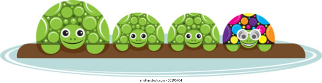 a geometric vector illustration of a family of turtles, one of the group is bright, unique,and stands out in comparison to the others