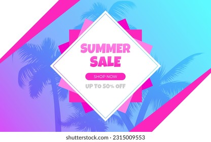 Geometrische Vektorgrafik mit blauen und tropischen Blattmuster-Formen auf minimalistischem Hintergrund, perfekt für Bannerdesigns, Werbeaktionen und Layouts im Sommer