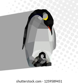 Geometric vector illustration of loving mother penguin with her kid.