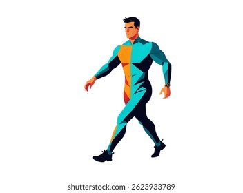 Geometric vector illustration of man walking in colorful modern abstract low poly style on white background