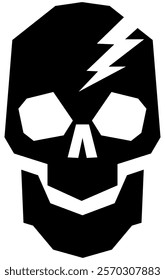 Geometric vector illustration of the skull with lightning bolt detail in bold black style on a transparent background. Ideal for modern designs, logos, icons, tattoos, and edgy creative projects