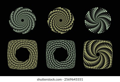 A geometric vector illustration in spiral dots set against a black background. Ideal for framing, the motion of a whirlpool, gyre, maelstrom, ideal for icons, signage, and symbols.