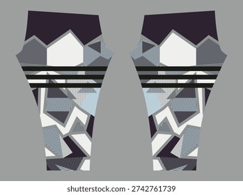 Geometric vector leggings design featuring angular shapes in white, gray, blue, and purple with bold black stripes. A modern, dynamic activewear pattern ideal for sports fashion and contemporary textile printing.