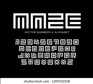 Geometric vector letters and numbers set. Maze alphabet. White logo template on black background. Typography design.