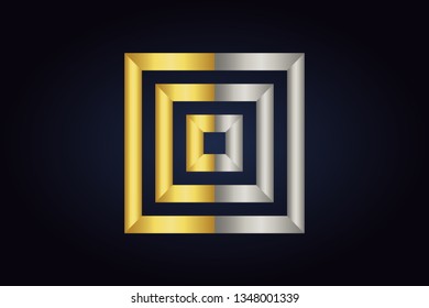 Geometric vector logo isolated on dark background. Three squares inside each other. Squares in silver and gold colors. Minimalistic business logo.