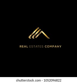 Geometric vector logo. Real estates logo. Business brand identity.  Golden decorative ornament on black background