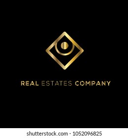 Geometric vector logo. Real estates logo. Business brand identity.  Golden decorative ornament on black background