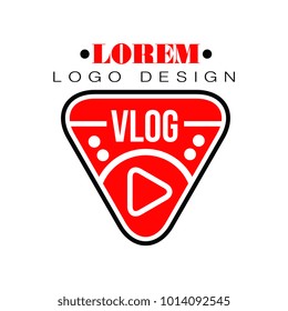 Geometric vector logo for vlog or Youtube channel in shape of red play button. Internet blog with visual information. Modern web television. Online broadcast