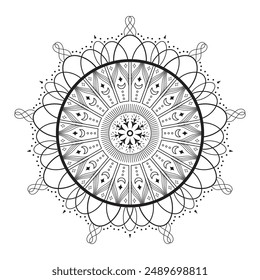 Geometric vector mandala in outline style, black and white, perfect for coloring, spiritual, decorative, or artistic use.