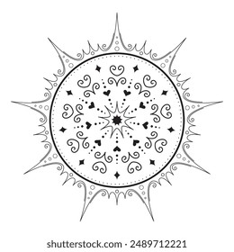 Geometrische Vektorgrafik Mandala im Outline-Stil, Schwarz und Weiß, ideal für Färbung, spirituelle, dekorative oder künstlerische Verwendung.