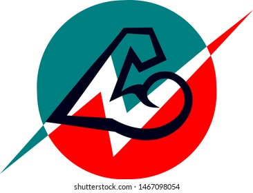 Geometric vector of muscular arm on flash symbol, power logo on blue and red circle background.
