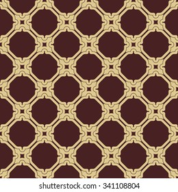 Geometric vector ornament with golden grill and brown background. Seamless fine pattern