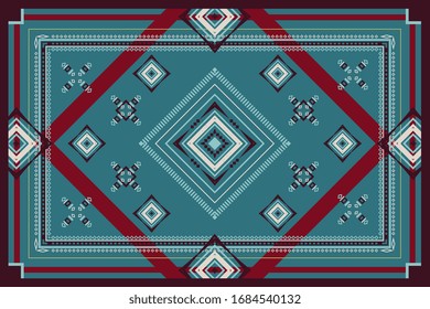 Geometric vector ornament of red, blue, violet, turquoise colors lines and shapes. Rectangular pattern for carpet, bedspreads, plaid, blankets, shawl and scarf.