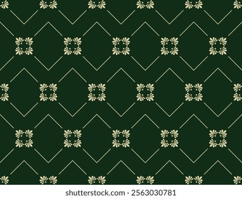 Geometric vector pattern consisting of rhombuses with thin lines and floral elements on a dark green background. This design is suitable for textiles, wallpaper, packaging.