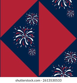 A geometric vector pattern featuring red and navy blue shapes with stylized fireworks in white, red, and blue. The design is festive and suitable for celebrations.