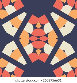 A geometric vector pattern featuring symmetrical abstract shapes in coral, cream, and orange on a dark navy background, forming a kaleidoscopic, modern design.