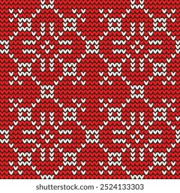Geometric vector pattern with floral elements, snowflakes interpretation. Seamless abstract ornament for wallpapers and backgrounds. Red and white colors.