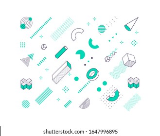 Geometric vector pattern. Geometrical shapes, lines and simple 3d forms. Memphis texture design. Abstract retro pattern of art design background 