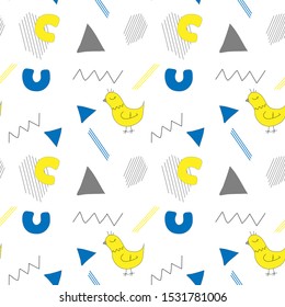 Geometric Vector pattern with gray, blue and yellow bird. Form shapes a triangle, a line, a circle. Hipster fashion Memphis style Trendy scandi seamless