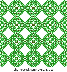 Geometric vector pattern with green and red colors. Seamless abstract ornament for wallpapers and backgrounds.