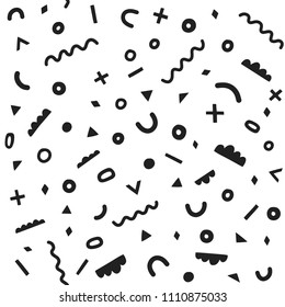 Geometric vector pattern in memphis style. Graphic abstract seamles background with hand drawn shapes. Rounds, lines, zigzags, cross, clouds. 