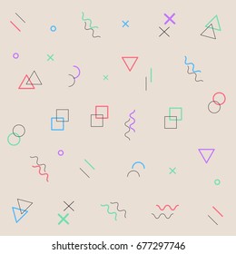 Geometric vector pattern, memphis style pattern, trendy vector background with various objects