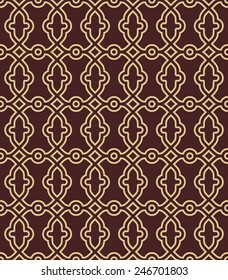 Geometric vector pattern with oriental elements. Seamless grill with abstract golden ornament