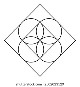 Geometric vector pattern. Overlapping circles and squares. Symmetrical black lines. Abstract design.