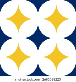 Padrão vetorial geométrico de círculos brancos sobrepostos com estouros amarelos contra um fundo azul-marinho, criando uma sensação de profundidade e dinamismo.