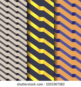 Geometric vector pattern, repeating diagonal rectangle with abstract shadow in black gold and blue color. Clean vector design for fabric wallpaper etc. pattern is on swatches panel.
