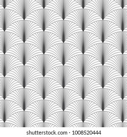 Geometric vector pattern repeating linear half circle of paper fan in monochrome Japanese styles background. Graphic clean for printing, fabric, background etc. pattern is on swatches panel.
