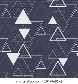 Geometric vector pattern, repeating linear triangle and bold triangle in different size on dark background. Graphic clean for wallpaper, fabric, background. Pattern is on swatches panel
