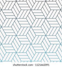 Geometric vector pattern, repeating linear stripe rhombus shape connected each, abstract star, flower, cube. Graphic clean for fabric, wallpaper, paint background. Pattern is on swatches panel.
