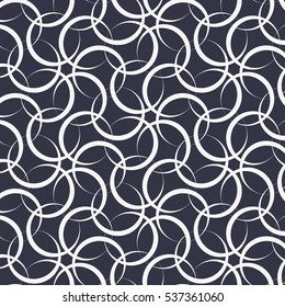 Geometric vector pattern, repeating linear circle overlap each with abstract flower on hexagon shape