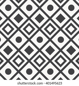 Geometric vector pattern, repeating stripe diamond shape, circle and bold diamond shape on square shape, stylish monochrome