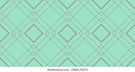 Geometric vector pattern repeating thin linear square rhombuses of red color on a blue-green background. Design for wallpaper, textiles, tablecloths